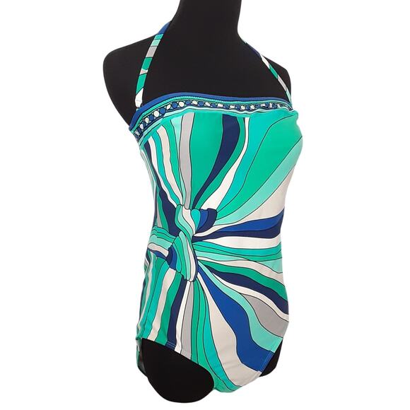 Michael Kors Blue Waves Geometric Bandeau Strapless One Piece Swimsuit Womens 12 - Picture 1 of 10